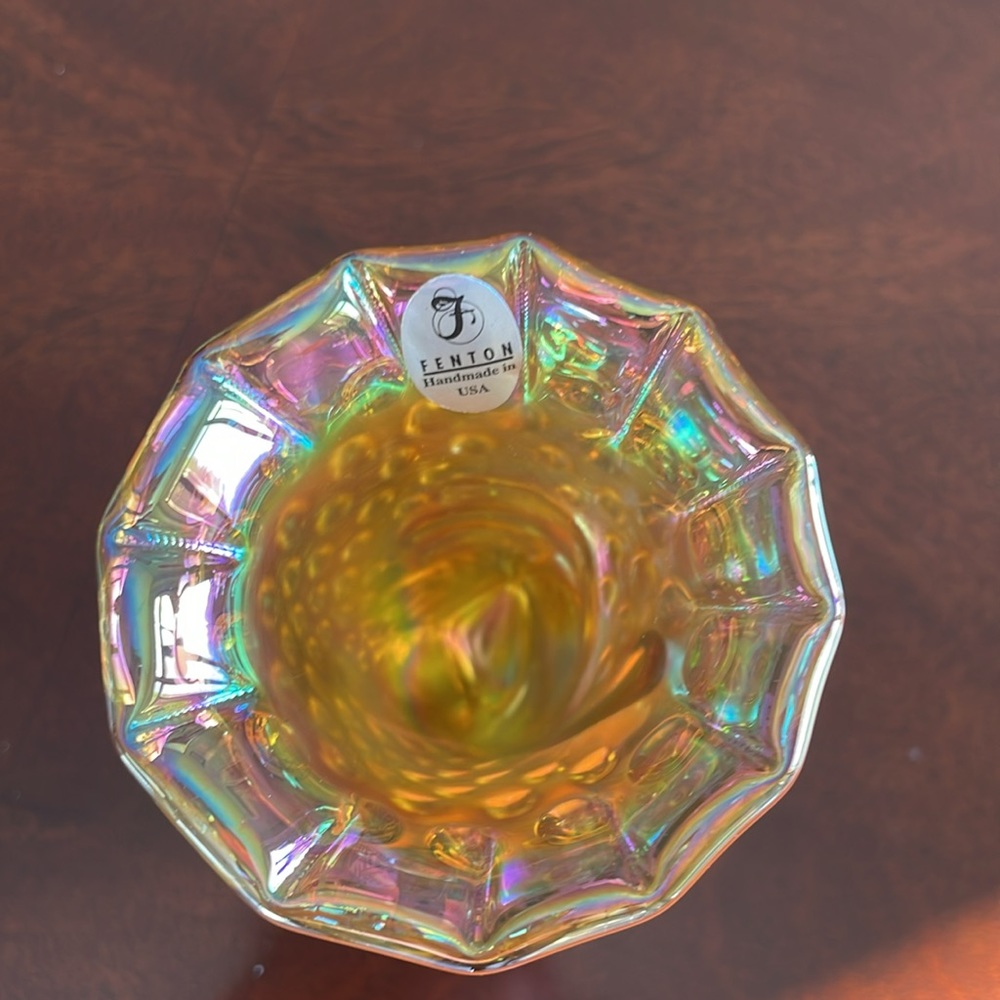 Fenton 6 inch Hand Cornucopia Carnival hobnail glass gold, with sticke… - Picture 4 of 11